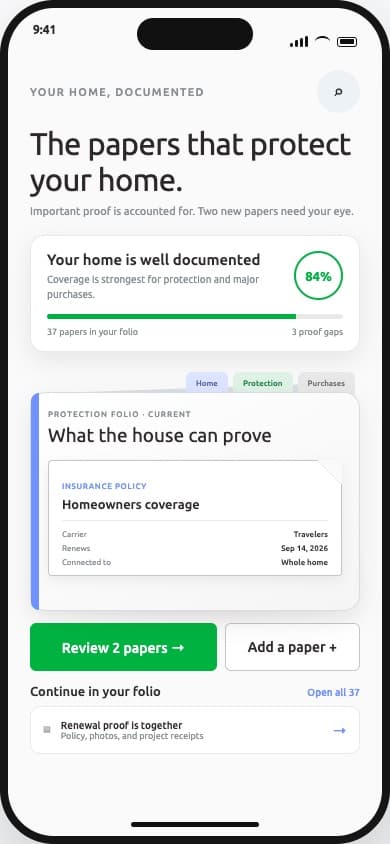 Illustrative Akeptus Documents screen showing a homeowners insurance policy in the protection folio