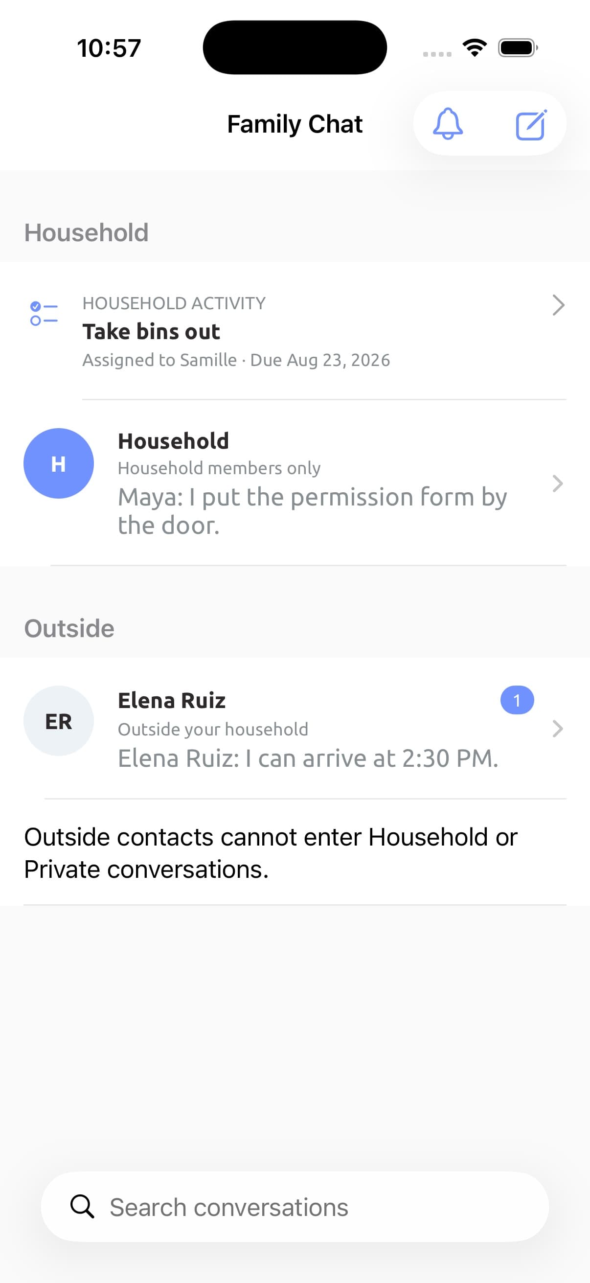Illustrative Akeptus Family Chat screen showing an assigned household task and a permission-form message
